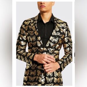 Boohoo Black and Gold Butterfly Pattern Blazer